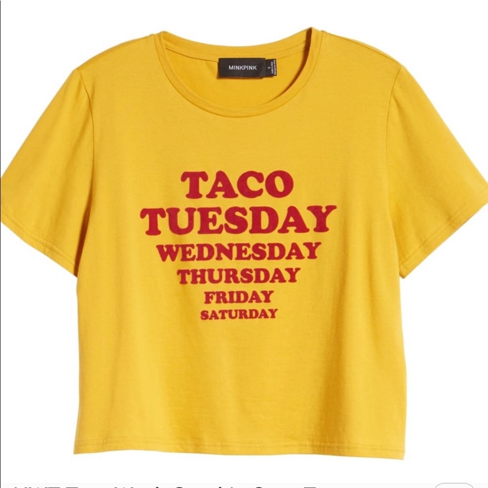 MinkPink Taco Tuesday graphic tee in mustard, size S